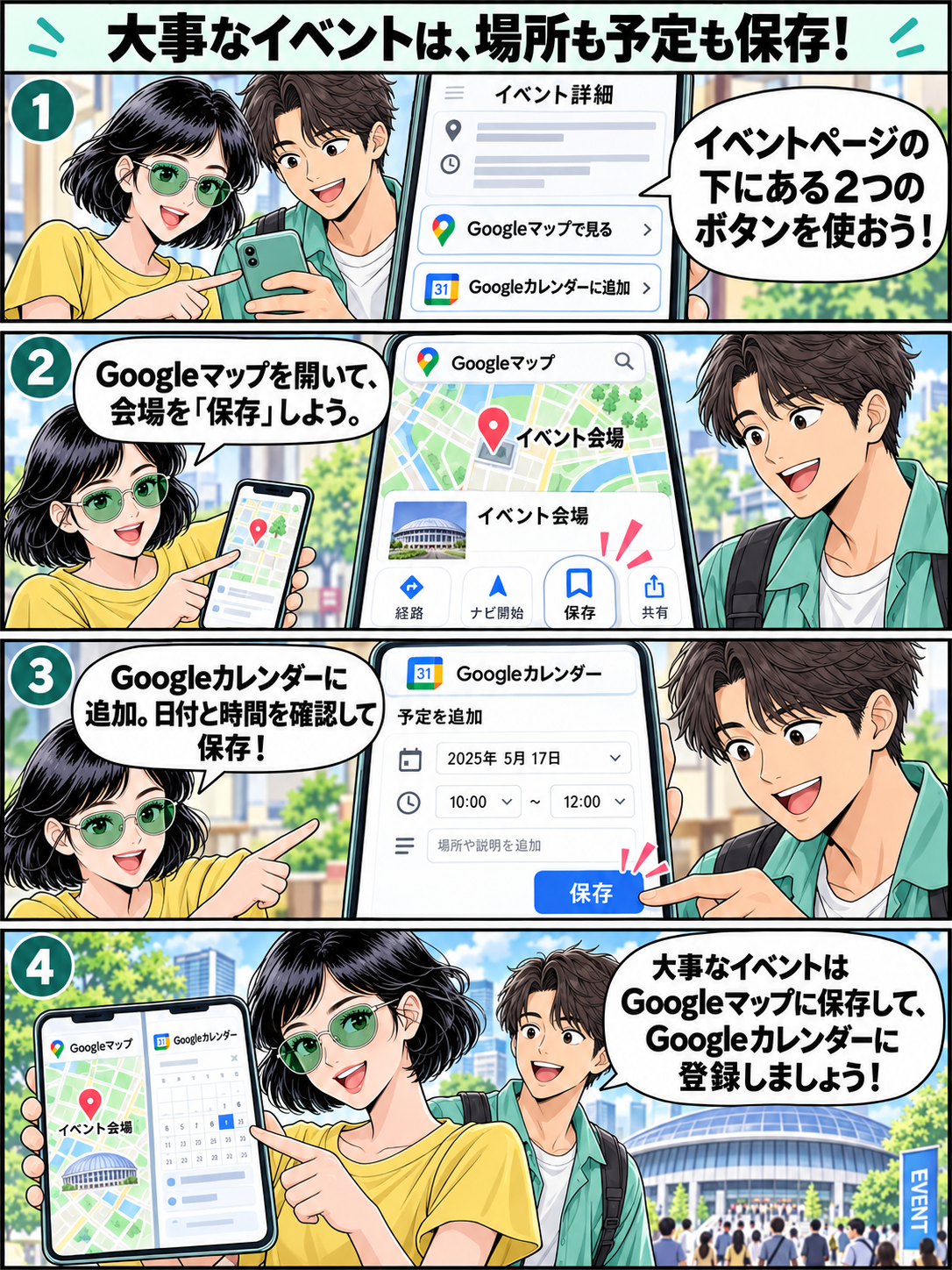 4コマ漫画：Googleマップで会場を保存し、Googleカレンダーで予定を確認して登録する