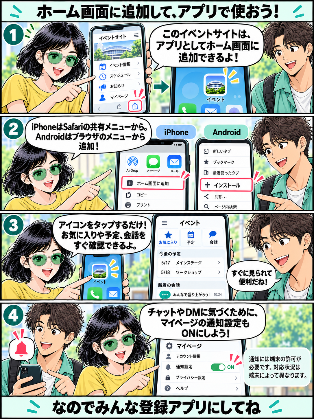 4コマ漫画：ホーム画面に追加して、アプリで使おう！
